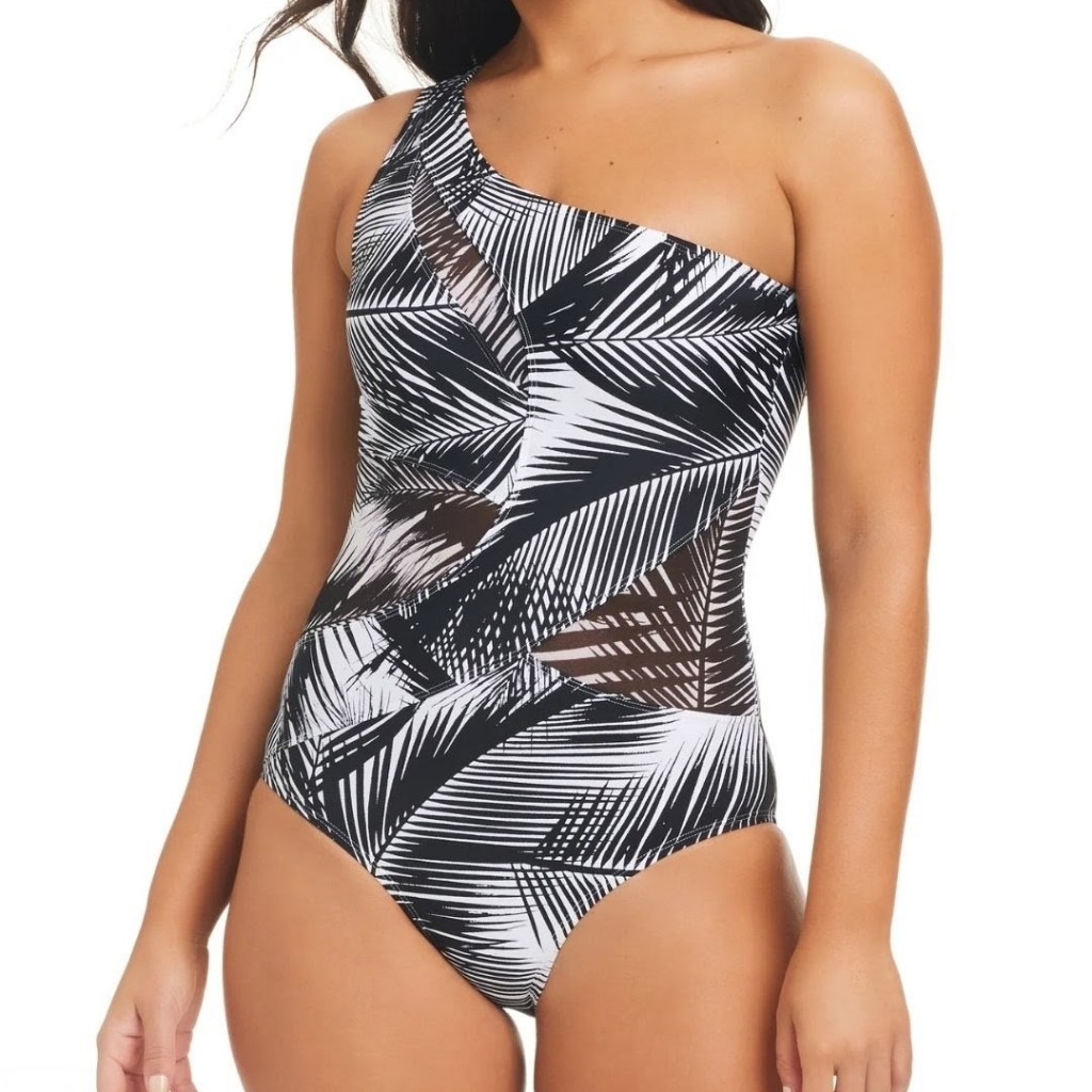 Beyond Control Giving Attitude One Shoulder Palm Print Black Swimsuit 12 New